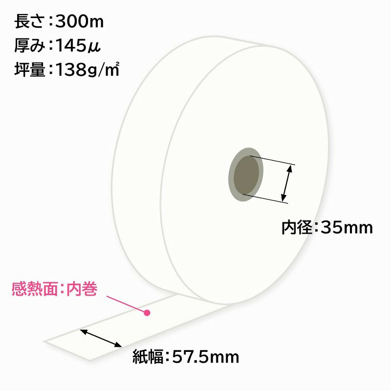 券売機用感熱ロール紙 (ミシン目なし) 57.5×300m 裏巻 145μ 1巻